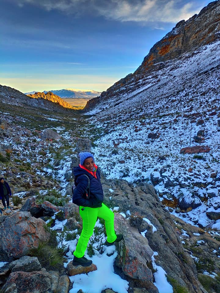 Tasneem hiking in the snow in the Cederberg